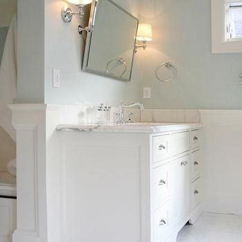 Bathroom Paint Colors-Sherwin Williams Mountain Air over White Alabaster Woodlawn Blue Benjamin Moore, Bathrooms Mirrors, Woodlawn Blue, Diy Vanity Mirror, Blue Grey Walls, Favorite Paint Colors, Paint Colors Benjamin Moore, Benjamin Moore Paint, Bathroom Color