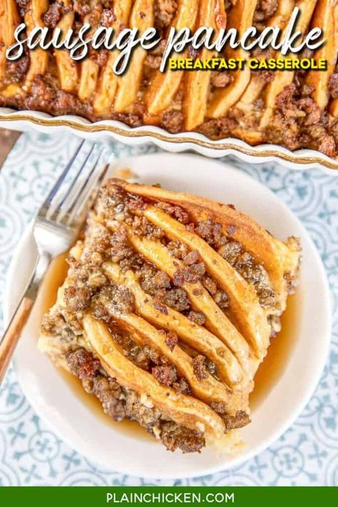 Overnight Sausage Pancake Breakfast Casserole - this is seriously delicious! Tastes like a Sausage McGriddle with egg. Frozen pancakes, maple sausage, eggs, heavy cream, milk, vanilla, sugar, and maple syrup. Assemble the casserole and refrigerate overnight before baking. Great for an easy weekday or weekend breakfast, overnight guest, and holiday mornings! #casserole #breakfast #sausage #pancake Pancake Breakfast Casserole, Sausage Mcgriddle, Frozen Pancakes, Breakfast Casserole French Toast, Maple Sausage, Breakfast Overnight, Casserole Breakfast, Easy Breakfast Casserole Recipes, Morning Recipes Breakfast