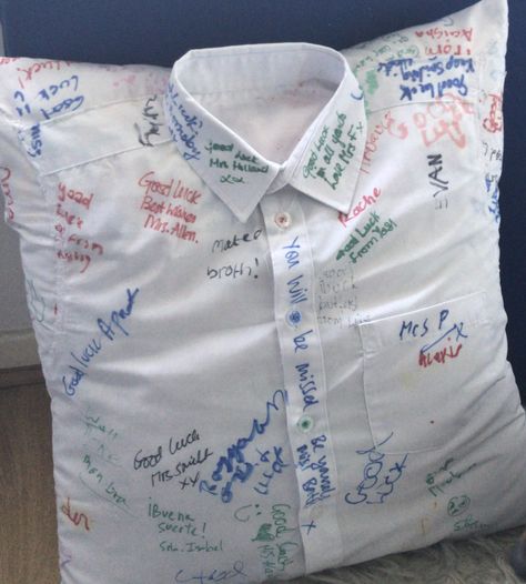 My son last day signed school shirt transformed in a pillow for his room White T-shirt For End Of School Year Events, Shirt Signing Ideas School, Last Day Of School Shirt Signing, Cheap Custom Print T-shirt For End Of School Year, Fun Crew Neck T-shirt For End Of School Year, Signing Ideas, Personalized T-shirt For School's End Of Year, Leavers Shirt, School Memories Scrapbook