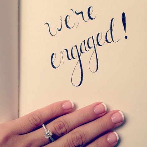 Calligraphy engagement announcement. Engagement Announcement Ideas, Engagement Announcement Photos, We're Engaged, We Are Engaged, Ring Selfie, Announcement Ideas, Wedding Hashtag, Instagram Engagement, Engagement Announcement