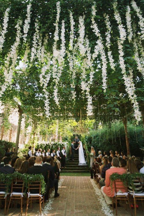 Hawaii wedding Haiku Mill Wedding, Hanging Flower Arrangements, Ceremony Arches, Backdrops Wedding, Haiku Mill, Flower Ceiling, Garden Ceremony, Ceremony Ideas, Ceremony Arch