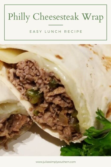 Philly Cheesesteak Wrap Recipe is a quick and delicious wrap to enjoy for lunch or a light dinner. Made with thinly sliced beef that is sautéed with onion, mushrooms and bell pepper in a wrap with melted gooey Provolone cheese. #beef #wrap #lunchrecipes #phillycheesesteak #easyrecipe #juliassimplysouthern Philly Cheese Wraps, Philly Cheesesteak Wraps, Cheesesteak Wrap, Roast Beef Wrap, Appetizer Wraps, Beef Chuck Steaks, Steak Wraps, Philly Steak, Beef Wraps