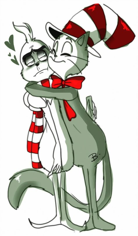 Grinch X Cat In The Hat, Cat In The Hat Fanart, The Grinch Fanart, Grinch Fanart, Pusheen Cute, The Cat In The Hat, Anime Vs Cartoon, Friends Moments, Ship Drawing