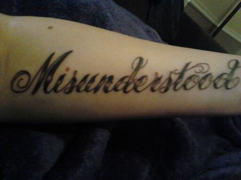 Misunderstood. My new tattoo I love it. Meaning behind it Misunderstood Tattoo Women, Word Tattoo Stencil Outline, Misunderstood Tattoo Men, Gothic Text Tattoos For Women, Tattoo Word Stencils, Misunderstood Tattoo, Misunderstood Tattoo Lettering, Wing Neck Tattoo, Small Dope Tattoos