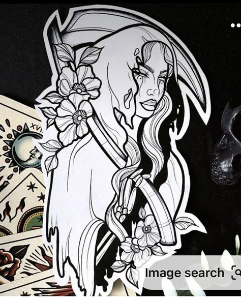 Female Grim Reaper, Grim Reaper Drawing, Chicanas Tattoo, Traditional Tattoo Designs, Grim Reaper Tattoo, Pin Up Drawings, Reaper Tattoo, Tattoo Outline Drawing, Sharpie Tattoos