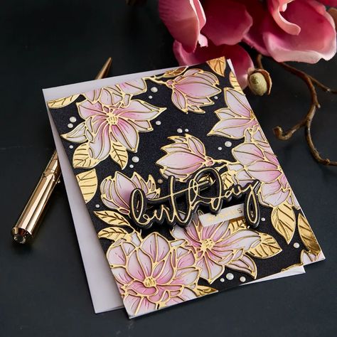 Yana's Blooms by Yana Smakula - Collection Introduction - Spellbinders Blog Foiling Cards, Yana Smakula, Painted Cards, Glimmer Hot Foil, Spring Birthday, Outline Designs, Spellbinders Cards, Foil Cards, Cards Ideas