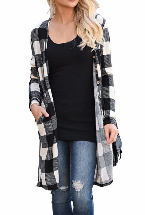 Tricotin Long, Gilet Kimono, Knee Length Cardigan, Patch Cardigan, Autumn Outwear, Buffalo Plaid Shirt, Cardigan Kimono, Pullover Mode, Plaid Cardigan