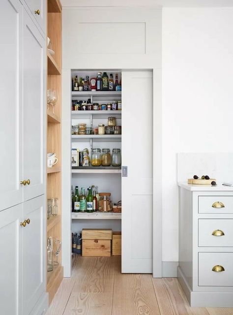 One Wall Kitchen, Gray And White Kitchen, Small Kitchen Storage, Small Pantry, Kitchen Pantry Design, Pantry Design, Pantry Storage, Trendy Kitchen, Storage Design