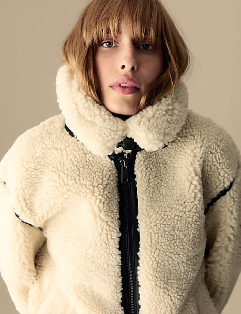 Borg Faux Shearling Aviator Jacket | ECRU | Jackets | M&S US Shearling Aviator Jacket, Stylish Blazers, Outdoor Jackets, Faux Shearling Jacket, Luxury Sportswear, Aviator Jacket, Stylish Blazer, Aviator Jackets, Leather Lingerie