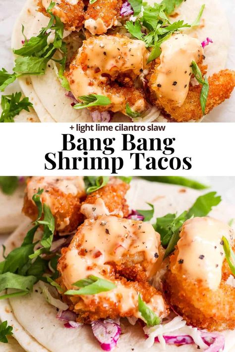 Bang Bang Shrimp Tacos - The BEST bang bang shrimp taco recipe! Delicious, crispy shrimp with a classic bang bang sauce   cilantro lime slaw! #bangbangshrimptacos #bangbangshrimptacoseasy #bangbangshrimptacoswithslaw #bangbangshrimptacosrecipe #bangbangshrimptacoswithcabbageslaw Bang Bang Shrimp Tacos With Slaw, Air Fryer Bang Bang Shrimp Tacos, Bang Bang Shrimp And Sausage Skewers, Bang Bang Sauce For Shrimp, Breaded Shrimp Tacos, Breaded Shrimp Recipes, Shrimp For Tacos, Asian Shrimp Tacos, Popcorn Shrimp Tacos