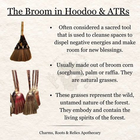 Significance of the broom in Hoodoo and ATRs Few household tools have as much magickal lore and mysticism attached to them as the broom. • • • #hoodoo #hoodoopractitioner #hoodoogurus #spellwork #spellworker #layingtricks #orishas #divination #ancestralveneration #alchemy #medicinewoman #africantraditionalreligion #atr #conjurewoman #conjure #conjurer #fyp Hoodoo Aesthetic, Rootwork Hoodoo, Hoodoo Altar, Folk Witchcraft, Hoodoo Witch, Crystal Knowledge, Conjure Woman, Shadow Book, Hoodoo Oils