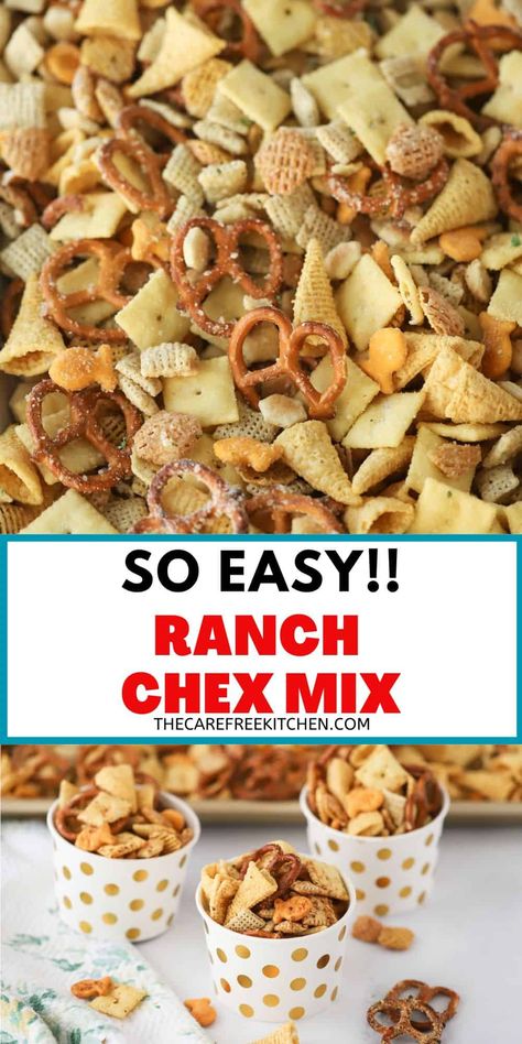 This Ranch Chex Mix has a zesty Parmesan, ranch, and herb seasoning that gives this classic snack a fun and cheesy twist. It’s loaded with Chex, pretzels, peanuts, and a variety of other crispy crackers—perfect for serving at parties, game day get-togethers, or for an after school snack. #thecarefreekitchen #ranch #chexmix #snack #partyfood #gameday #ranchchexmix Ranch Check Mix Recipes, Chex Mix Recipes Ranch Oven, Cheese Ranch Chex Mix Recipes, Seasoned Ranch Chex Mix Recipes, Ranch Snack Mix Recipes, Ranch Chex Mix Snack, Cheesy Ranch Chex Mix, Bold Chex Mix Recipe, Cinnamon Chex Mix