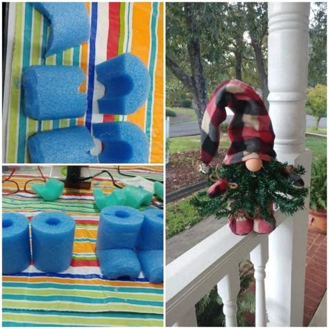 Pool Noodle Gnomes Diy, Gnome Christmas Tree Theme, Pool Noodle Christmas Crafts, Dollar Tree Gnomes, Dollar Tree Christmas Trees, Gnome Boots, Gnome Shoes, Pool Noodle Crafts, Flocked Christmas Trees Decorated