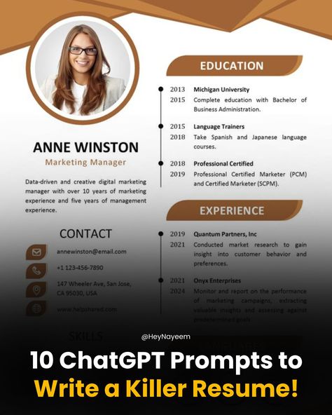 Nayeem Sheikh on LinkedIn: Say GoodBye to Bad Resume ❌ 

Copy and paste these ChatGPT Prompts to… Linkedin Resume, Professional Summary, Writing A Cover Letter, Tech Business, Computer Science Degree, Customer Behaviour, Financial Analysis, Data Analyst, Leadership Roles