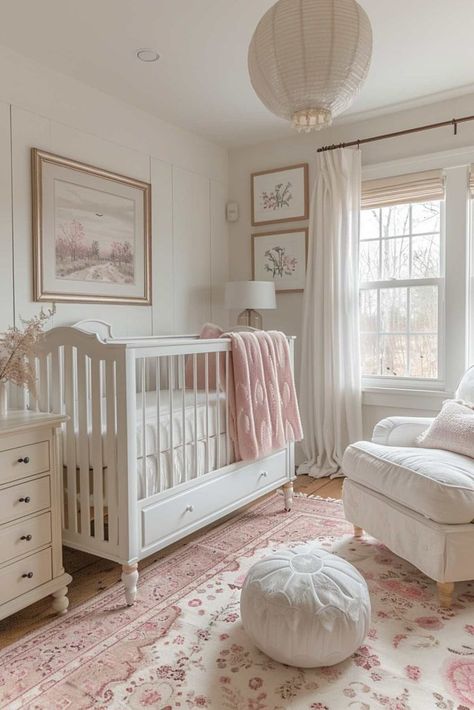 50 Simply Adorable Baby Girl Nursery Ideas You’ll Love! White And Light Pink Nursery, Girls Nursery Ideas Small Room, Little Baby Girls Room Nursery Ideas, Baby Girl Nursery Blush Pink, Nursery Girls Room, Soft Feminine Nursery, Pink And Neutral Nursery, Classic Pink Nursery, Neutral Girl Nursery Ideas