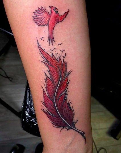 Cardinal Remembrance Tattoos, Red Bird Tattoos For Women, Red Feather Tattoo, Cardinal Tattoos For Women, Cardinal Feather Tattoo, Small Cardinal Tattoo Memorial, Parrot Tattoos, Red Cardinal Tattoos, Small Cardinal Tattoo