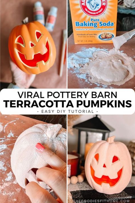 Fall Plastic Pumpkin Crafts, Faux Terracotta Pumpkin Diy, Faux Terracotta Pumpkin, Halloween Bazaar Ideas, Paint Pumpkins Terracotta, Diy Terracotta Paint, Terracota Pumpkin Diy, Baking Soda Paint Pumpkins, Diy Fake Pumpkins