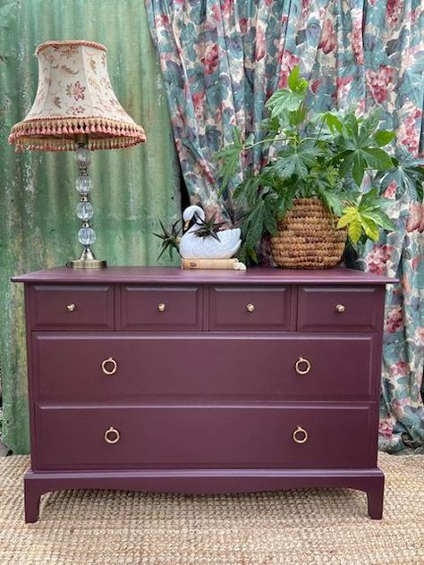 Purple Chest Of Drawers, Maximalist Decor Vintage, Purple Dresser, Stag Furniture, Burgundy Paint, Large Chest Of Drawers, Revamp Furniture, Maximalist Interior, Chest Of Drawer