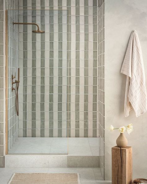 All Posts • Instagram Fired Earth Bathroom, Bathroom Tile Design Ideas, Tile Design Ideas, Cabin Style Homes, Cream Bathroom, Striped Tile, Relaxing Bathroom, Loft Bathroom, Parents Room