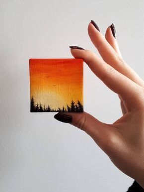 Miniature Painting Ideas, Art Mini Toile, Mini Toile, Colorful Canvas Art, Mini Easel, Sunset Artwork, Small Canvas Paintings, Cute Canvas Paintings, Easy Canvas Painting