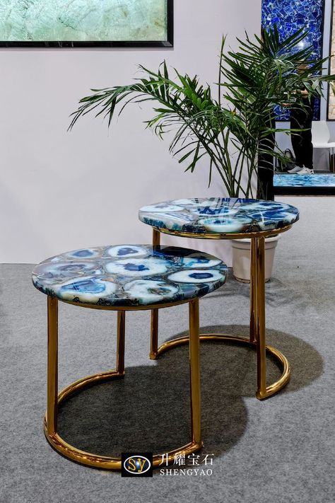 blue agate table,Gemstone furniture,unique table,side table,end table Blue Side Table, Side Table Set, Agate Table, Furniture Luxury, Product Development, Blue Agate, Agate Gemstone, Table Set, Coffee Shop