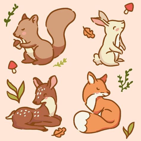 Animals In The Forest Drawing, Forest Cute Drawing, Cartoon Forest Animals, Animal Forest Illustration, Cute Forest Animals Drawing, Forest Drawing With Animals, Forest Animals Drawing, Cute Deer Drawing, Animated Forest