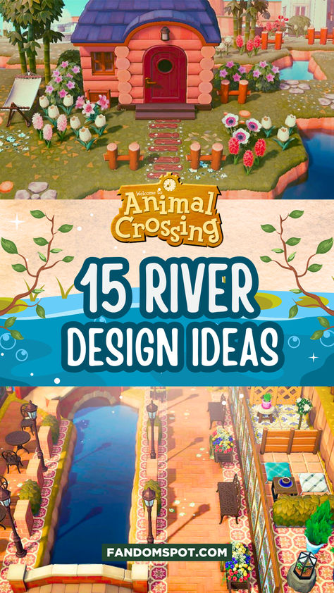 Not sure what to do with rivers on your island? Well this list offers plenty of inspo for Animal Crossing: New Horizons rivers, streams, and lakes. Peep the full list for inspiration for your own island! Acnh Riverside Idea, Animal Crossing Gyroid Display Ideas, Animal Crossing Pond Ideas, Animal Crossing Island Ideas Plaza, Acnh Island Themes, Animal Crossing Farm, Fae Farm, Acnh Builds, Acnh House