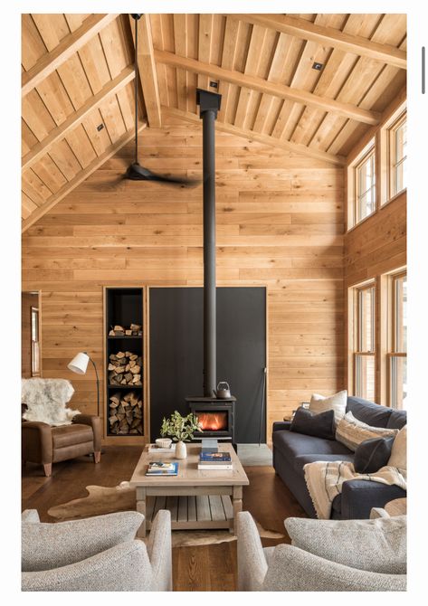 Wood Cabin Furniture, Cabin Style Basement, Modern Wood Cabin Interior Design, Norwegian Home Design, Modern Cabins In The Woods Architecture, Mountain Interior Design Rustic, Modern Log House Interior Design, Vermont Cabin Interior, Mountain House Furniture