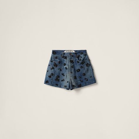 Miu Miu Embellished, Nfc Tag, Digital Certificate, Embellished Denim, Circular Design, Conscious Fashion, Mini Short, Denim Details, Washed Denim