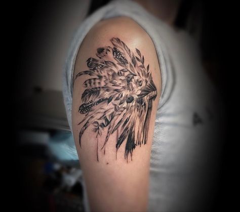 Headdress Tattoo Female, Female Chief Tattoo, Native Headdress Tattoo, Womens Native American Tattoo, Indian Feather Tattoos For Women, Indian Tattoos For Women, Native American Headdress Tattoo, Feathered Indian Tattoo, Native American Tattoos For Women