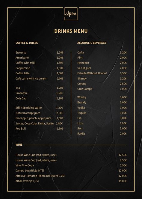 Drinks Menu Design – Lurra Gastrobar Dark Menu Design, Alcohol Menu Design, Drinks Menu Design, Bar Reference, Drink Menu Design, Menu Board Design, Mexican Bar, Resto Bar, Cafe Menu Design