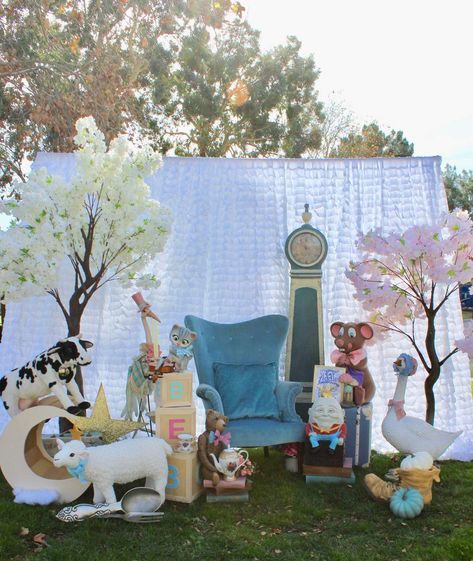 Nursery Rhymes Baby shower | CatchMyParty.com Nursery Rhymes Nursery Decor, Nursery Rhymes Theme Birthday Party, Nursery Rhymes Birthday Theme, Nursery Rhymes Decorations, Nursery Rhyme Backdrop, Nursery Rhyme Centerpieces, Nursery Rhymes Party Theme, Nursery Rhyme Party Decorations, Nursery Rhyme 1st Birthday Party