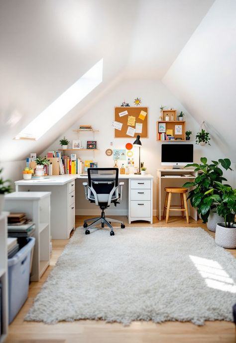 Small attic room ideas Attic Art Studio Ideas, Small Attic Office, Homework Station For Kids, Attic Art Studio, Attic Office Space, Attic Office Ideas, Small Attic Room Ideas, Attic Inspiration, Small Attic Room