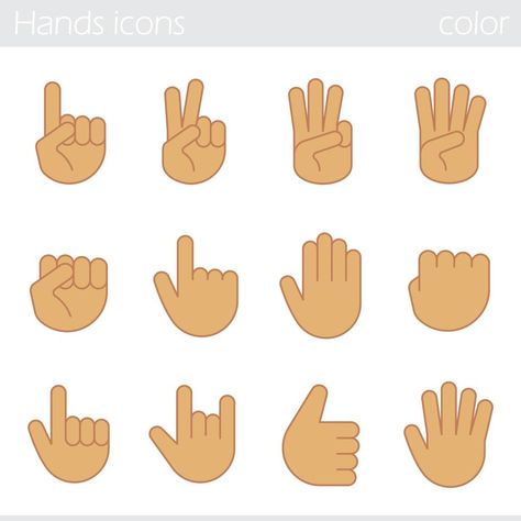 Hand gesture color icons set. Point out, cool, approve, hello, heavy metal, thumbs up, fist, direction point symbols. One, two, three, four, five fingers gestures. Isolated vector illustrations Four Fingers Up, 3 Fingers Up, Three Fingers Up, Holding Up 4 Fingers, Rock Hand Sign Reference, Four Fingers Hands Drawing, Funny Warning Signs, Yoga Illustration, Five Fingers