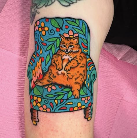 Wacky Tattoos, Tattoos That Complete Each Other, Colorful Tattoo Sleeve Women, Leg Tattoo Colorful, American Traditional Lemon Tattoo, Pots Tattoo, Orange Cat Tattoo Ideas, Orange Cat Tattoo Traditional, American Traditional Cat Tattoo