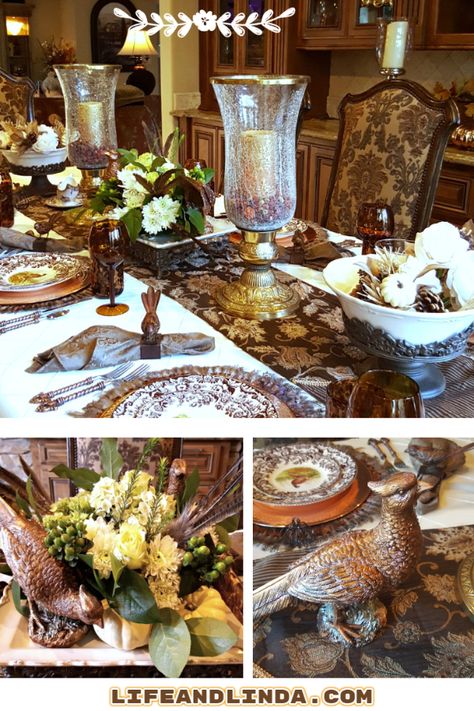 Thanksgiving With Pheasants & Quail | Life and Linda Table Decor For Thanksgiving, Decor For Thanksgiving, Brunch Casserole, Pre Party, Immersive Art, Fall Deco, Fall Tablescapes, Thanksgiving Table Decorations, Hotel Guest