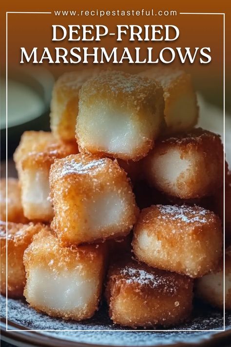 Marshmallow Ideas Desserts, Deep Fried Desserts Fair Foods, Fried Smores Balls, Deep Fried Marshmallows, What To Make With Marshmallows, Marshmallow Recipe Ideas, Fried Marshmallows, Recipes Using Marshmallows, Fried Desserts