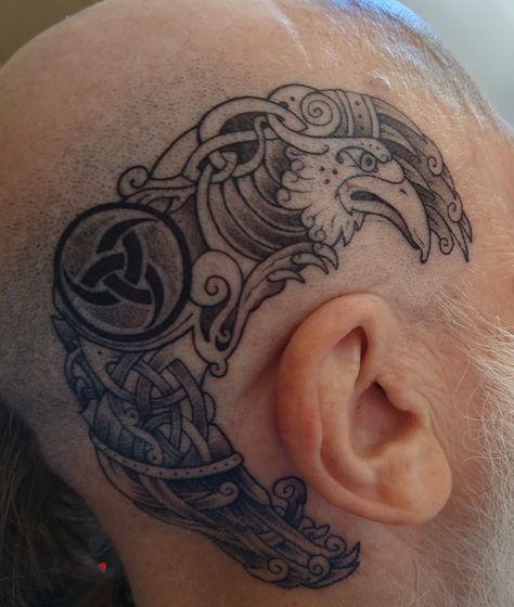 Viking Face Tattoo, Viking Head Tattoo, Bald Head Tattoo, Undercut Tattoos, Viking Tattoos For Men, Viking Head, Tattoo Bird, Head Tattoo, Nordic Tattoo