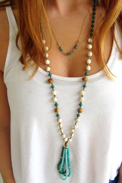 Long Necklace Outfit, Tassel Ideas, Tusk Necklace, Brown Jasper, Necklace Inspiration, Mala Jewelry, Necklace Outfit, Crystals Necklace, Long Necklace Boho