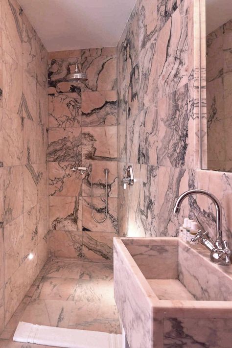 Pink Marble Bathroom at Hotel Amour Nice | 38 Colorful & Unique Rooms - The Nordroom  #marble #pinkmarble #bathroom #nice #hotel #travel #hotelamour Pink Marble Bathroom, Unique Rooms, Decoration Candles, Nice Hotel, Remodel Farmhouse, Bedroom Pink, Interior Layout, Scandinavian Apartment, Decor Plants