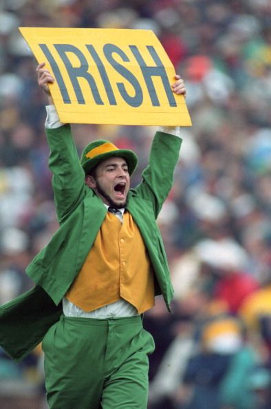 College Football: Notre Dame Fighting Irish mascot The Leprechaun mascot on field with IRISH sign during game vs Florida State at Notre Dame Stadium. South Bend, IN 11/13/1993 CREDIT: John Biever Notre Dame Baby, The Leprechaun, Go Irish, Erin Go Bragh, Notre Dame Football, Irish Blessing, South Bend, College Sports, Ncaa Football