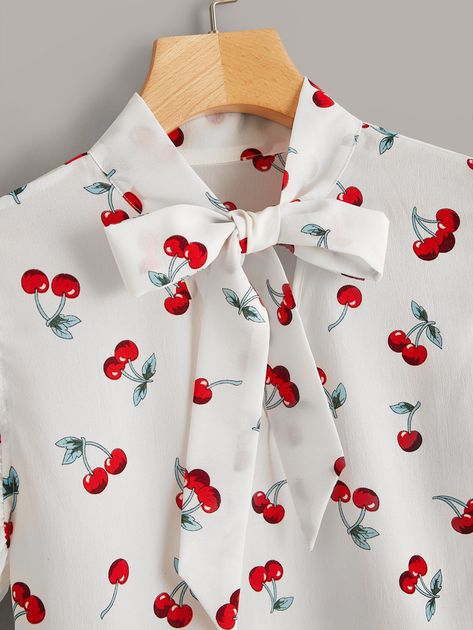 Cherry Print Tie Neck Blouse | SHEIN USA Pinterest Dress, Tie Neck Blouse, Cherry Print, Diy Keychain, Women Blouses, Printed Ties, Tie Top, Shein Style, Business Casual Outfits