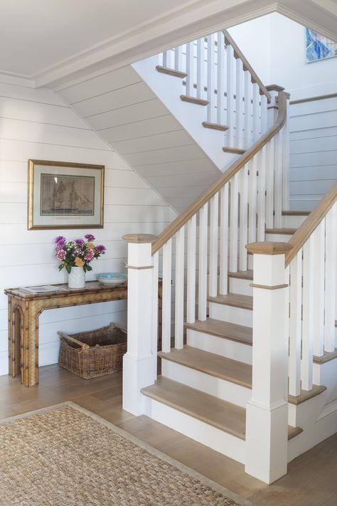 Warren's Point — Digs Design Company Shiplap Staircase Wall, Shiplap Staircase, U Shaped Stairs, Rattan Console Table, Gold Framed Art, Island Interior, Rattan Console, White Staircase, House Staircase