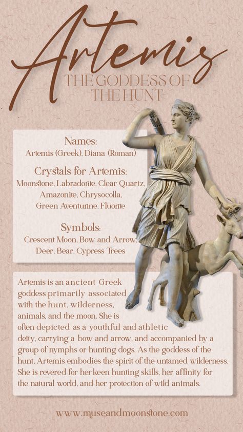 Artemis - The Goddess of the Hunt Infographic Naiad Greek Mythology, Artemis Art Moon Goddess, Atermis Goddess, Altar For Artemis, Artemis Goddess Of The Hunt, Crystals For Artemis, Signs Of Artemis, Artimas Goddess, Diana Goddess Of The Hunt