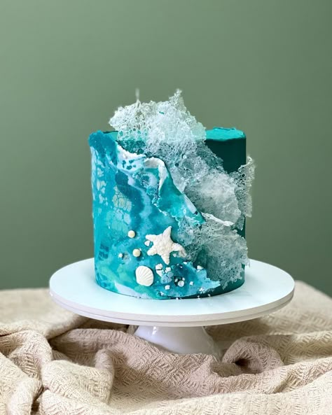 Ocean Cake Ideas, Swimmer Cake, Sea Theme Cake, Surfing Party, Ocean Cake, Wave Cake, Meat Cake, Ocean Cakes, Ocean Birthday Party