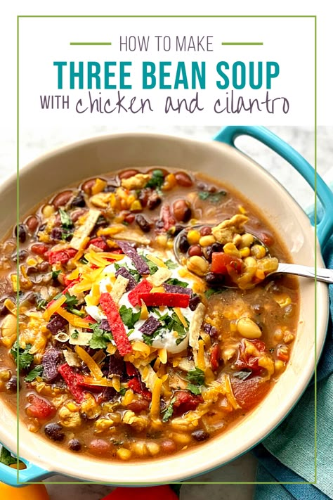 a blue bowl of three bean chicken soup with a spoon taking a bite. Bean Soup With Chicken, Three Bean Soup, Bean Chicken Soup, Southwestern Soup, Cilantro Soup, Mexican Bean Soup, Chili Bean Soup, Chili White, Chicken Cilantro