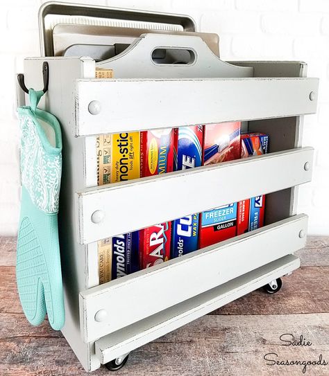 Baking Pans Storage, Modern Farmhouse Style Kitchen, Farmhouse Thrift Store Makeovers, Rolling Storage Bins, Kitchen Caddy, Pan Storage, Sleek Storage, Rolling Storage, Kitchen Hacks Organization