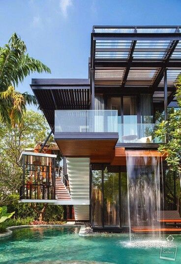 Love the water feature! Container Home Designs, Building A Container Home, Casa Container, Container House Design, House Goals, Design Case, Amazing Architecture, Container House, Oahu