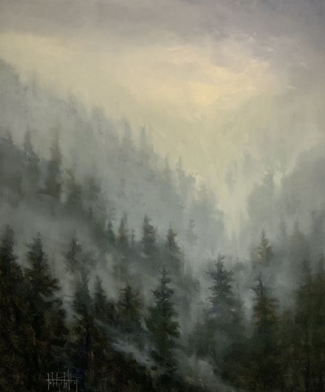 Foggy Morning, Great Smokies by Jo Ridge Kelley, Oil, 40 x 30 x 1.5 Foggy Forest Painting, Fog Painting, Painting Moon, Foggy Forest, Foggy Morning, Forest Painting, Digital Tools, Original Landscape, Artist Gallery