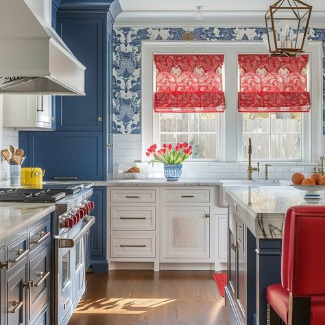 Happy 4th of July!! Hope you get to celebrate Independance Day surrounded by loved ones in a beautiful home you love. AI Generated image using @mid.journey #fourthofjuly #july4th #4thofjuly #redwhiteandblue #patriotic #patrioticdecor #patriotickitchen #kitchen #kitchendesign #kitchendesigner #interiordesign #interiordesigner #interiordesignideas #bluekitchen #whitekitchen #aidesign #aidesigner Blue And Red Kitchen, Red White And Blue Kitchen, White And Blue Kitchen, Patriotic Kitchen, Blue Kitchen Designs, Indigo Flower, Independance Day, Kitschy Kitchen, Blue Home Decor